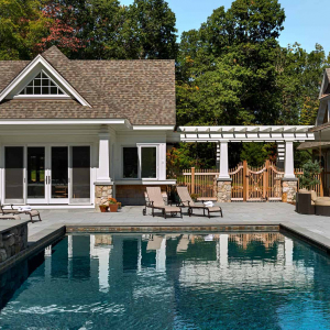 Cottage Style Pool House with Pergola connector to house