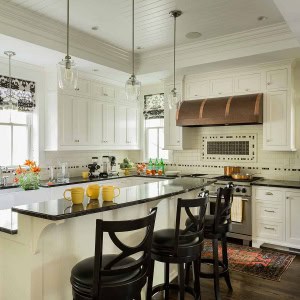 Kitchen After-Wood paneled raised ceiling with drop soffit