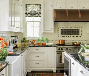 Kitchen After-Hand-hammered copper range hood and custom cabinetry