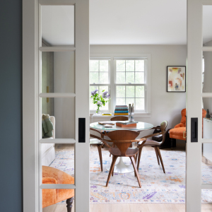 Home Office closeup. Pocket French doors were added, capitalizing on the light streaming into the new front entry.