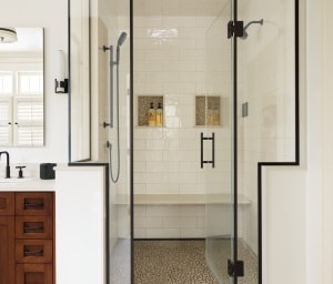 BOXFORD PRIMARY BATH  SHOWER, 2022 PRISM GOLD WINNER,  interior designer Amanda Greaves & Co