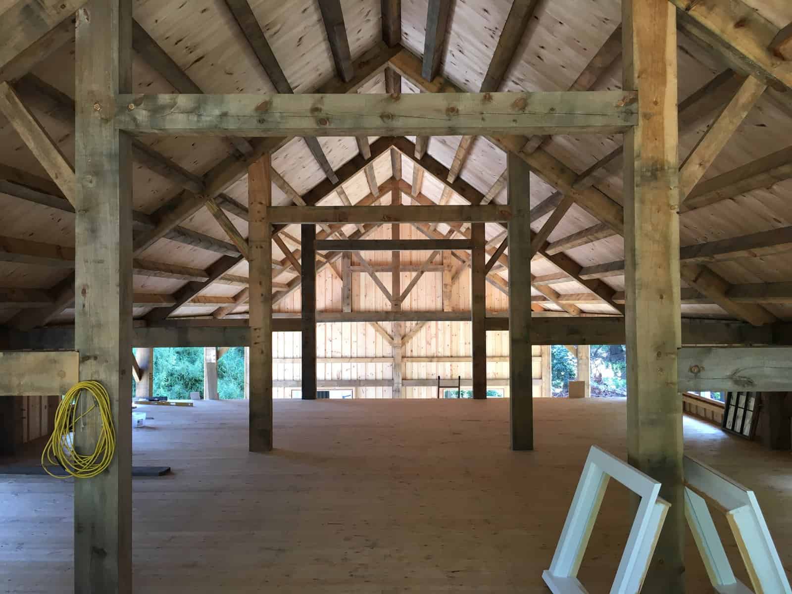 The ibarn hand-cut timber frame was made from trees that were felled on the property.