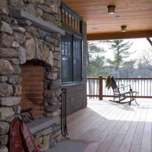 Maine Lakes Region Custom Home Outdoor Fireplace