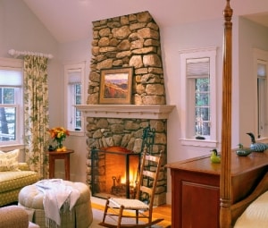 Maine Lakes Region Custom Home Master Bedroom Fireplace