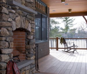 Maine Lakes Region Custom Home Outdoor Fireplace