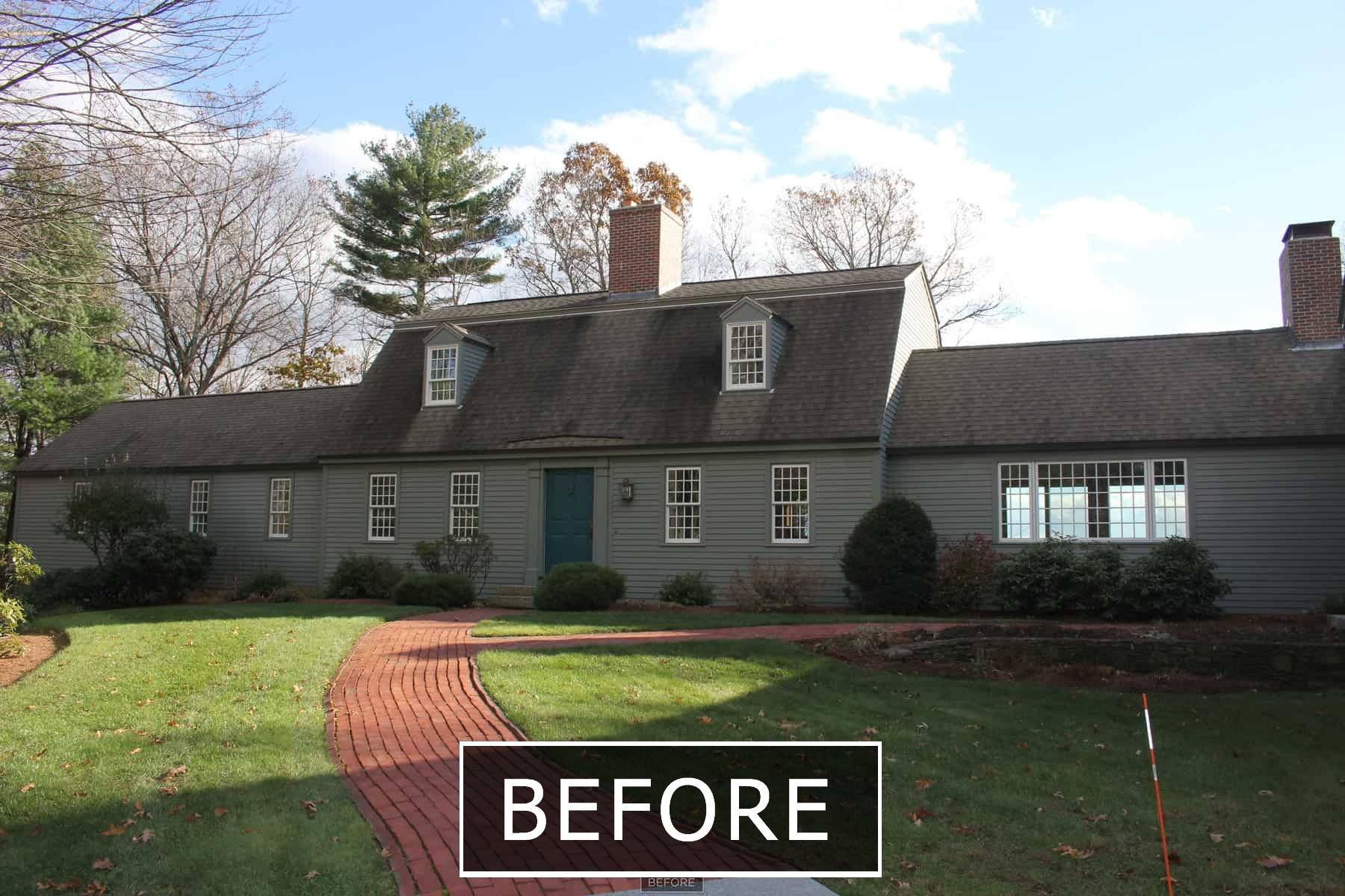 1-Front-Exterior-BEFORE.  The homeowners loved the traditional simplicity of the front exterior, but they wanted a more modern farmhouse style.