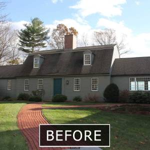 1-Front-Exterior-BEFORE.  The homeowners loved the traditional simplicity of the front exterior, but they wanted a more modern farmhouse style.