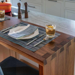 Black walnut counter with dovetail joinery. The carefully crafted joinery reflects the type of joinery used in roof of timberframe