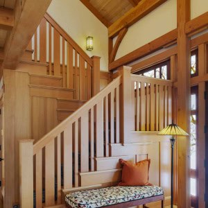 The home features Douglas fir posts and beams, spruce ceilings, and red-oak flooring.