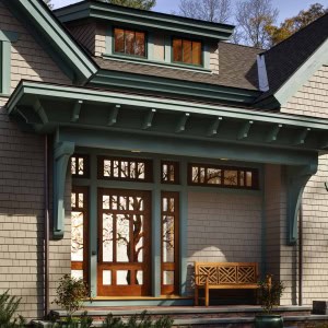 Timber frame custom home stained glass & mahogany entry