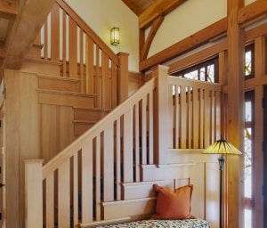 The home features Douglas fir posts and beams, spruce ceilings, and red-oak flooring.