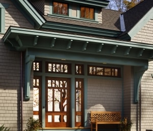 Timber frame custom home stained glass & mahogany entry